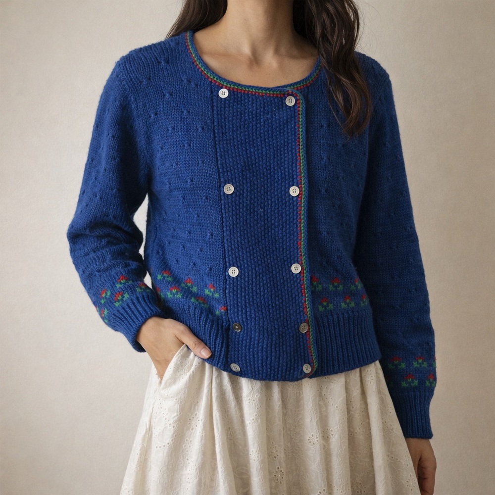 Vintage 60s Floral Wool Sweater Cardigan Blue Red Green Cottagecore Size Small